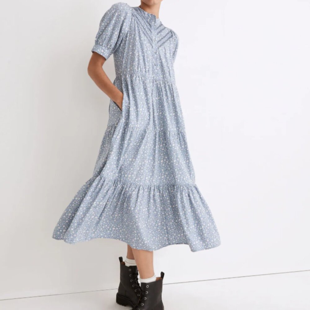 Madewell Embroidered Puff-Sleeve Midi Dress in Cottage Garden Small Terrace Blue